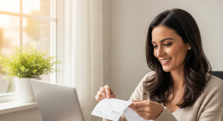 Pessoa segurando recibo do 13º salario com concessionária ao fundo, cores vibrantes de outono, decisão na expressão