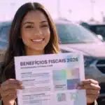 Mulher sorridente segurando documento de benefícios de compra de carro com desconto para PCD, MEI e CNPJ em 2026, com carro desfocado ao fundo.