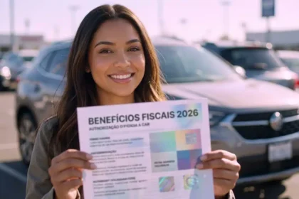 Mulher sorridente segurando documento de benef&iacute;cios de compra de carro com desconto para PCD, MEI e CNPJ em 2026, com carro desfocado ao fundo.