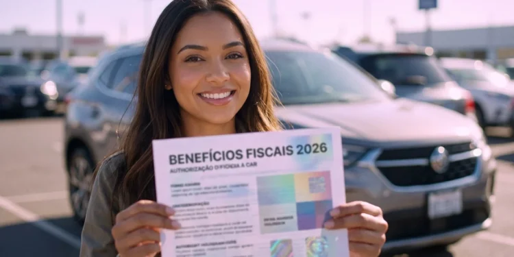 Mulher sorridente segurando documento de benefícios de compra de carro com desconto para PCD, MEI e CNPJ em 2026, com carro desfocado ao fundo.