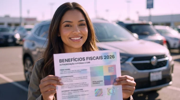 Carros com Desconto em 2026: Nova Tabela PCD, CNPJ e MEI para Economizar! 1 Mulher sorridente segurando documento de benefícios de compra de carro com desconto para PCD, MEI e CNPJ em 2026, com carro desfocado ao fundo.