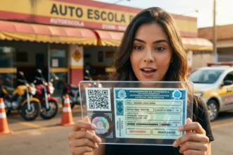 Fotografia hiper-realista de jovem segurando documento digital da CNH, com autoescola ao fundo e elementos de transformação digital