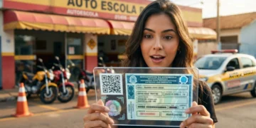 Fotografia hiper-realista de jovem segurando documento digital da CNH, com autoescola ao fundo e elementos de transformação digital