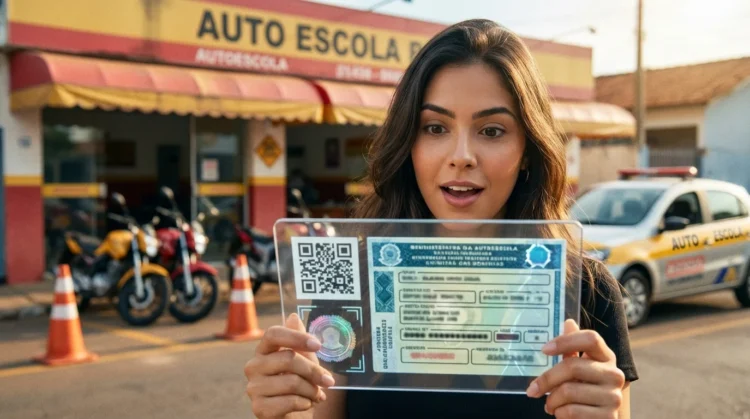 Fotografia hiper-realista de jovem segurando documento digital da CNH, com autoescola ao fundo e elementos de transformação digital