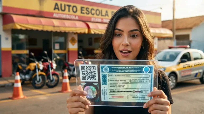 Fotografia hiper-realista de jovem segurando documento digital da CNH, com autoescola ao fundo e elementos de transformação digital