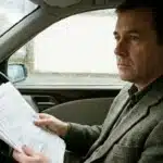 Motorista pensativo segurando contas de impostos dentro do carro, refletindo sobre 13 salário e prioridades como IPVA e licenciamento