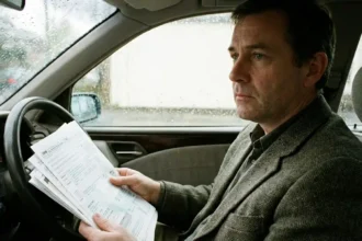 Motorista pensativo segurando contas de impostos dentro do carro, refletindo sobre 13 salário e prioridades como IPVA e licenciamento