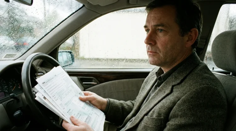 Motorista pensativo segurando contas de impostos dentro do carro, refletindo sobre 13 salário e prioridades como IPVA e licenciamento