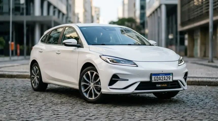 Carro compacto branco com placa Mercosul fictícia GDA2A29, na rua urbana moderna, destacando placa obrigatória em 2026