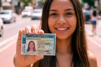 Mulher jovem segura carteira de motorista brasileira borrada, destacando a palavra-chave 'cnh social 2026 descubra' em uma foto realista ao ar livre.