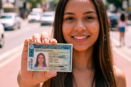Mulher jovem segura carteira de motorista brasileira borrada, destacando a palavra-chave 'cnh social 2026 descubra' em uma foto realista ao ar livre.