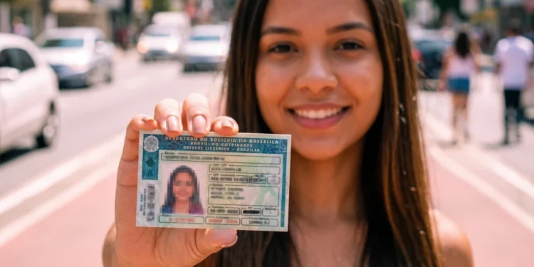 CNH Social 2026: descubra como tirar sua habilitação de graça — passo a passo completo 2 Mulher jovem segura carteira de motorista brasileira borrada, destacando a palavra-chave 'cnh social 2026 descubra' em uma foto realista ao ar livre.