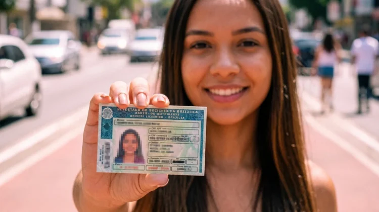 Mulher jovem segura carteira de motorista brasileira borrada, destacando a palavra-chave 'cnh social 2026 descubra' em uma foto realista ao ar livre.