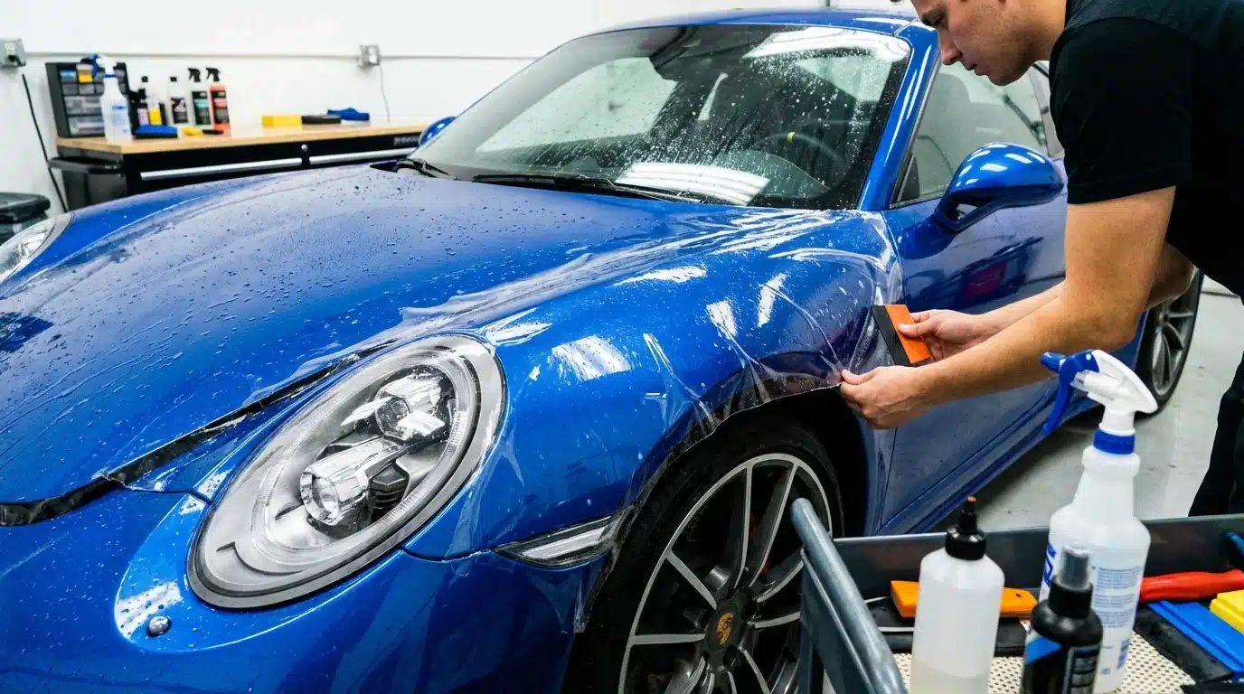 Carro com pintura protegida por proteção cerâmica ou selantes na oficina, técnico ajustando camada de proteção, detalhes de ferramentas, brilho na pintura
