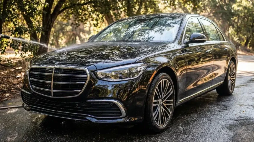 Carro de pintura escura com alto brilho, água e proteção cerâmica, sob sombra natural com detalhes luxuosos