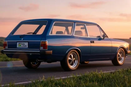 Fotografia hiper-realista de uma perua Passat dos anos 80 em ambiente rural ao p&ocirc;r do sol, destacando nostalgia e estilo retr&ocirc; refinado com palavra-chave perua passat sonho anos