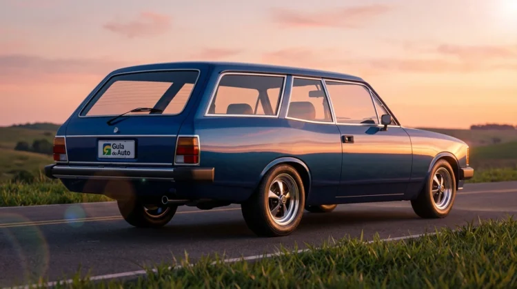 Fotografia hiper-realista de uma perua Passat dos anos 80 em ambiente rural ao pôr do sol, destacando nostalgia e estilo retrô refinado com palavra-chave perua passat sonho anos