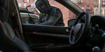 Homem mascarado tentando arrombar a porta de um carro estacionado em área urbana, representando o aumento dos furtos de veículos no Brasil em 2025.