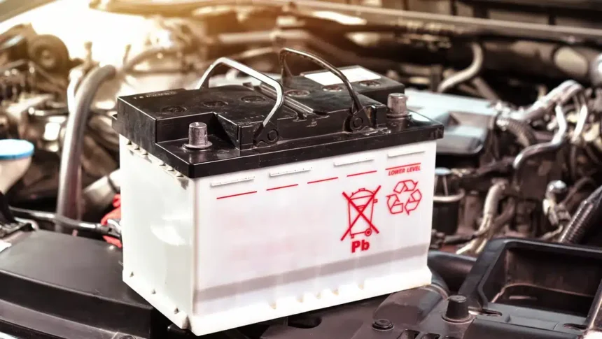 Bateria automotiva sobre o compartimento do motor com símbolo de reciclagem, representando o tema de baterias recondicionadas e novas para veículos.