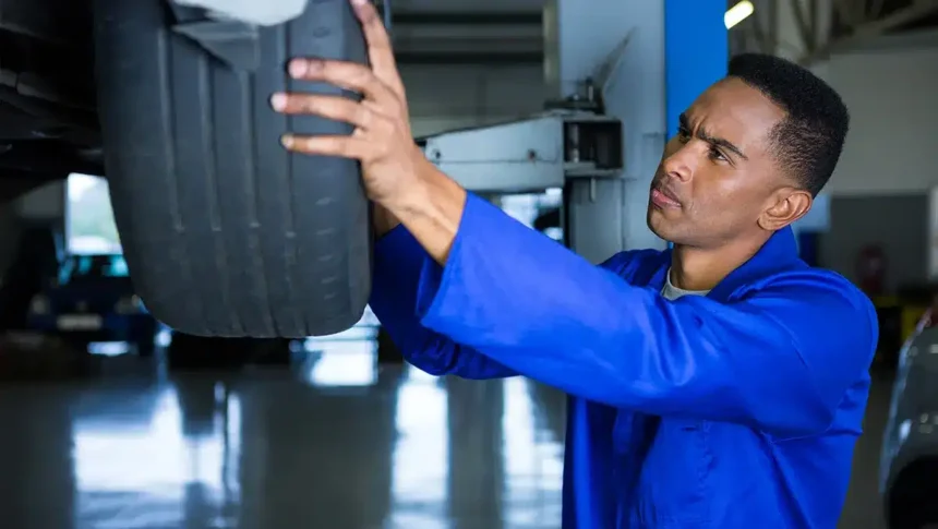 Mecânico realizando o rodízio de pneus em uma oficina, levantando o veículo com macaco hidráulico e verificando o desgaste dos pneus para garantir uma troca equilibrada.