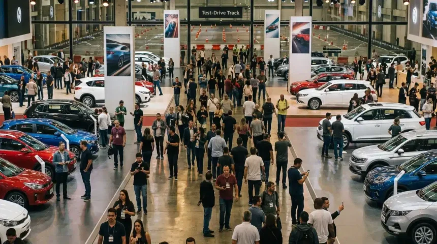 Imagem hiper-realista de salão automóvel movimentado com visitantes, carros variados e ambientes de feira.