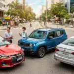 Imagem hiper-realista mostrando compra, assinatura e aluguel de carros em rua urbana brasileira vibrante