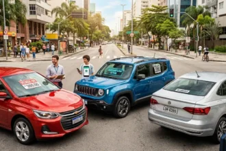 Imagem hiper-realista mostrando compra, assinatura e aluguel de carros em rua urbana brasileira vibrante
