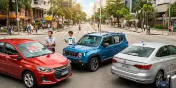 Imagem hiper-realista mostrando compra, assinatura e aluguel de carros em rua urbana brasileira vibrante