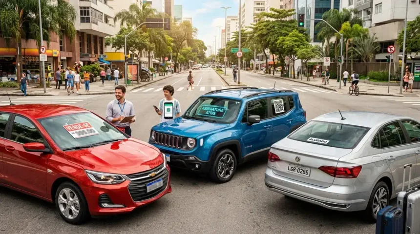 Imagem hiper-realista mostrando compra, assinatura e aluguel de carros em rua urbana brasileira vibrante