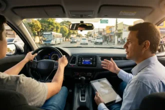 Instrutor autônomo orienta jovem motorista em carro moderno, refletindo as novas regras do Contran e o fim das aulas obrigatórias.