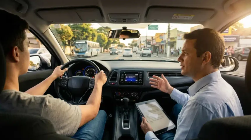 Instrutor autônomo orienta jovem motorista em carro moderno, refletindo as novas regras do Contran e o fim das aulas obrigatórias.