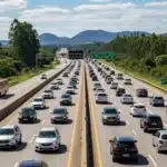 Imagem hiper-realista de rodovia brasileira com veículos em movimento, radares ativados e sinalização de velocidade que destaca a velocidade máxima rodovia que