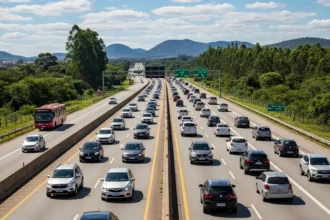 Imagem hiper-realista de rodovia brasileira com veículos em movimento, radares ativados e sinalização de velocidade que destaca a velocidade máxima rodovia que