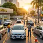 Autoescola brasileira com veículos, estudantes e instrutores em ação sob sol de fim de tarde, promovendo CNH autoescola Contran aprova