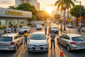 Autoescola brasileira com veículos, estudantes e instrutores em ação sob sol de fim de tarde, promovendo CNH autoescola Contran aprova