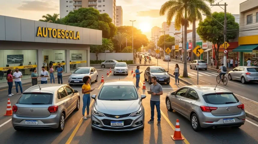 CNH sem autoescola: Contran aprova CNH com carro próprio e aulas flexíveis no Brasil. Veja como! 1 Autoescola brasileira com veículos, estudantes e instrutores em ação sob sol de fim de tarde, promovendo CNH autoescola Contran aprova