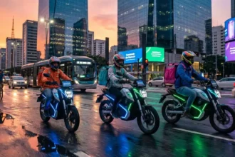 Motoboys com motos elétricas modernas em cena urbana vibrante de São Paulo, refletindo crescimento de 20% nas motos elétricas em 2025.