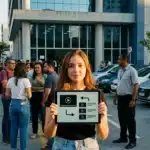 Jovem mulher com tablet na fila de órgão de trânsito, simbolizando a CNH autoescola que muda e moderniza o processo de habilitação