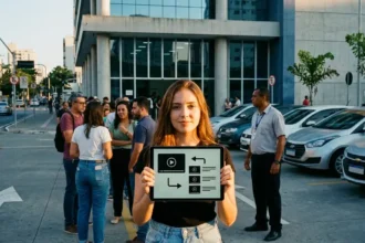 Jovem mulher com tablet na fila de órgão de trânsito, simbolizando a CNH autoescola que muda e moderniza o processo de habilitação