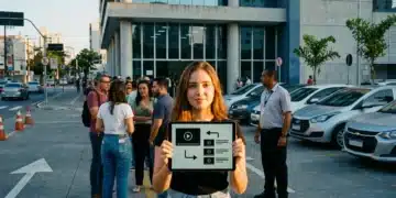 CNH sem Autoescola: O Guia Completo das Novas Regras para Tirar sua Carteira de Habilitação 7 Jovem mulher com tablet na fila de órgão de trânsito, simbolizando a CNH autoescola que muda e moderniza o processo de habilitação