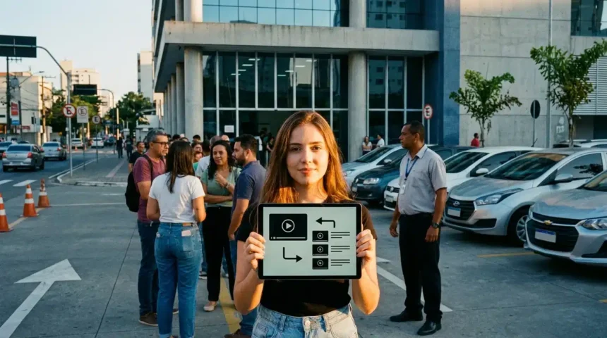 CNH sem Autoescola: O Guia Completo das Novas Regras para Tirar sua Carteira de Habilitação 1 Jovem mulher com tablet na fila de órgão de trânsito, simbolizando a CNH autoescola que muda e moderniza o processo de habilitação