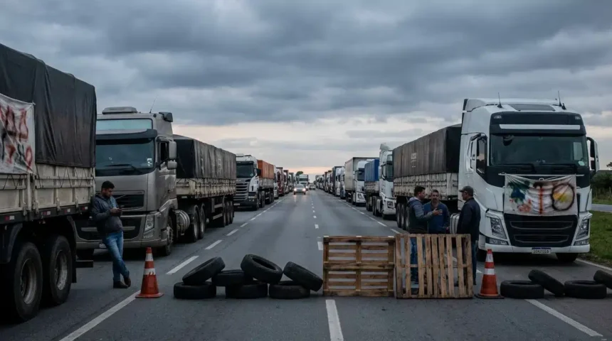 Imagem realista de rodovia congestionada devido à paralisação de caminhoneiros nesta semana no Brasil
