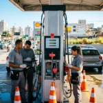 Imagem hiper-realista de um posto de gasolina em São Paulo sendo inspecionado por técnicos para fiscalização