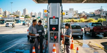 Alerta Motorista SP: Fiscalização de Postos Intensificada! Veja Como Se Proteger. 6 Imagem hiper-realista de um posto de gasolina em São Paulo sendo inspecionado por técnicos para fiscalização