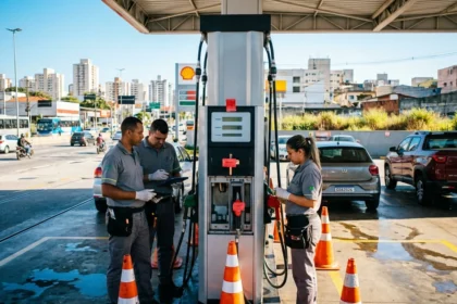 Imagem hiper-realista de um posto de gasolina em S&atilde;o Paulo sendo inspecionado por t&eacute;cnicos para fiscaliza&ccedil;&atilde;o