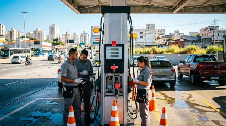 Imagem hiper-realista de um posto de gasolina em São Paulo sendo inspecionado por técnicos para fiscalização