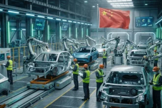 Fábrica automotiva chinesa moderna com robôs, trabalhadores diversos e veículos elétricos em produção, com bandeira da China ao fundo