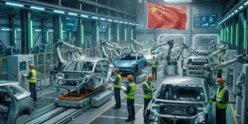 Fábrica automotiva chinesa moderna com robôs, trabalhadores diversos e veículos elétricos em produção, com bandeira da China ao fundo