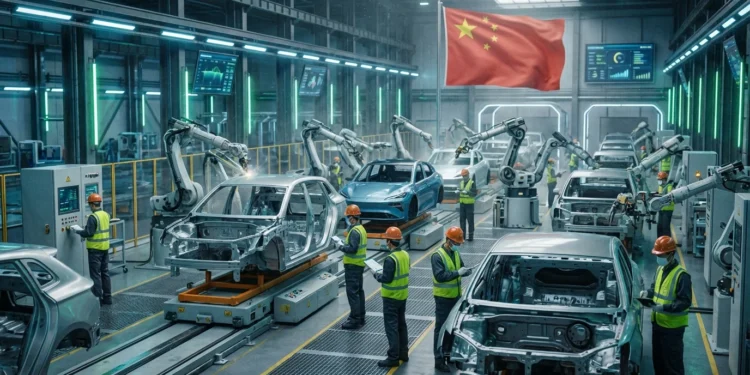 China Lidera Vendas Globais de Carros: 38% do Mercado e o Futuro da Indústria! 4 Fábrica automotiva chinesa moderna com robôs, trabalhadores diversos e veículos elétricos em produção, com bandeira da China ao fundo