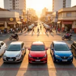 Carros seminovos alinhados na calçada de rua urbana brasileira ao amanhecer, destacando variedade e mobilidade com foco em Seu Proximo Carro